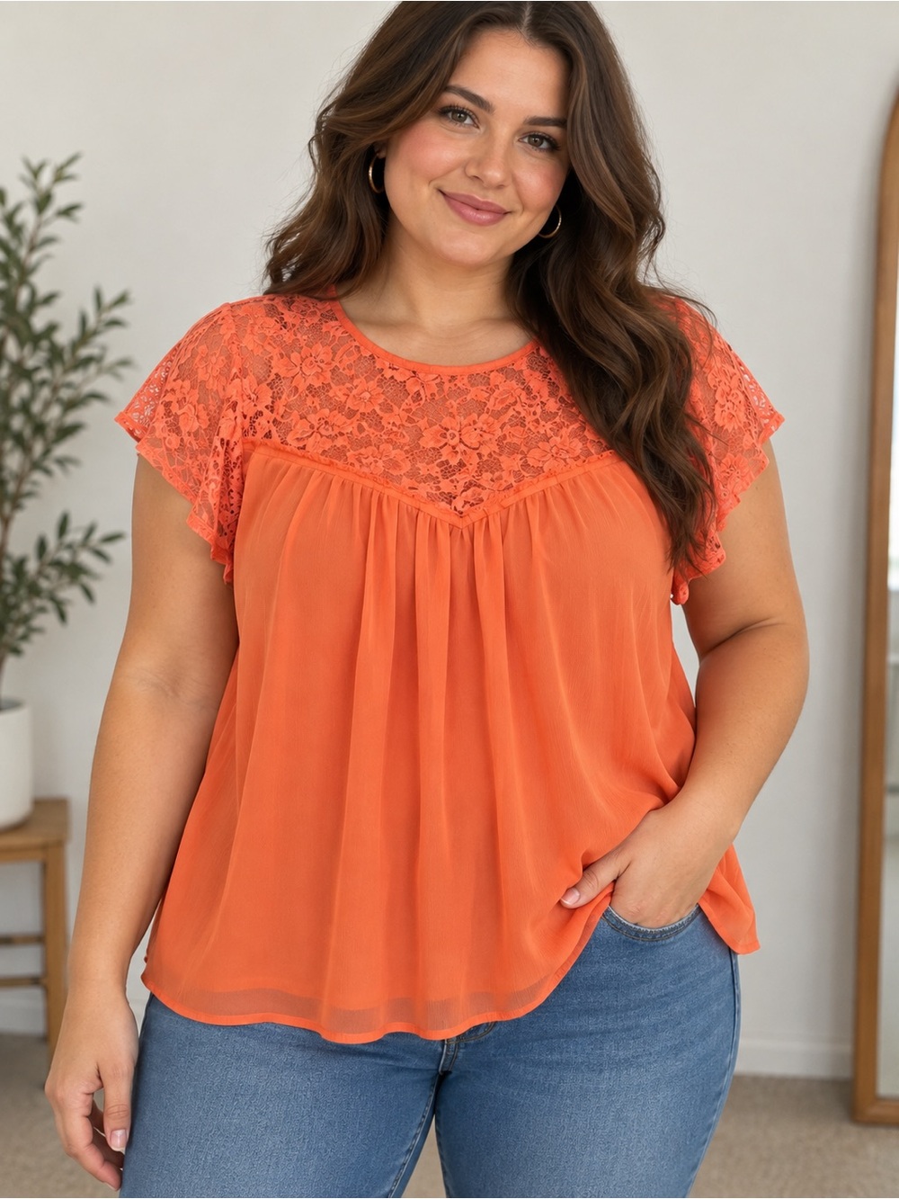 Torrid Lace Yoke Chiffon Blouse Size 00 Medium Large Coral Flutter Sleeve Top